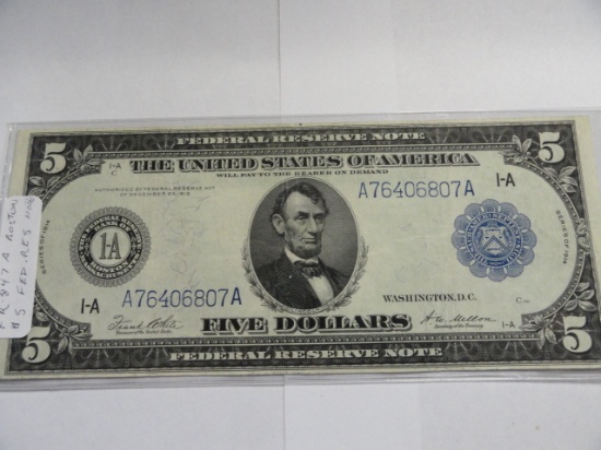 SERIES OF 1914 $5 FEDERAL RESERVE NOTE, BOSTON, WHITE/MELLON FRN847A