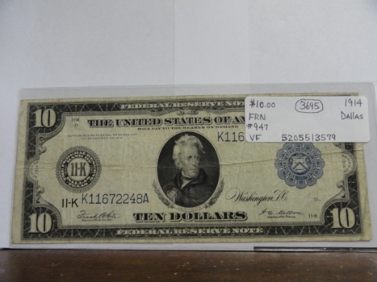 SERIES OF 1914 $10 FEDERAL RESERVE NOTE, DALLAS, WHITE/MELLON FRN947-VF