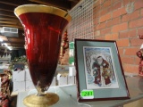 FRAMED NEEDLEPOINT SANTA AND LARGE RED VASE