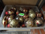 PLASTIC TUB OF FANCY GOLD AND RED ORNAMENTS