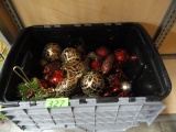 PLASTIC TUB OF FANCY GOLD AND RED ORNAMENTS