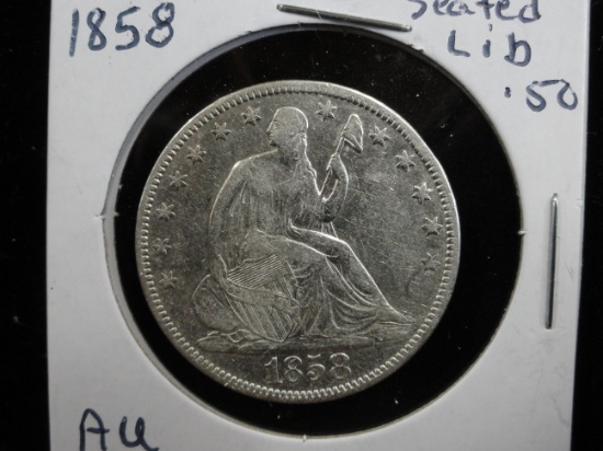 AU 1858 SEATED LIBERTY HALF DOLLAR