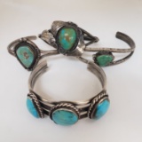 COLLECTION OF (4) OLD PAWN NATIVE AMERICAN SILVER AND TURQUOISE BRACELETS: