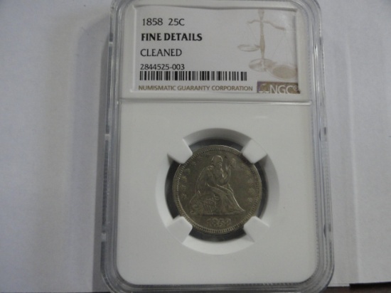 NGC GRADED FINE DETAILS, CLEANED 1858 SEATED LIBERTY 25¢