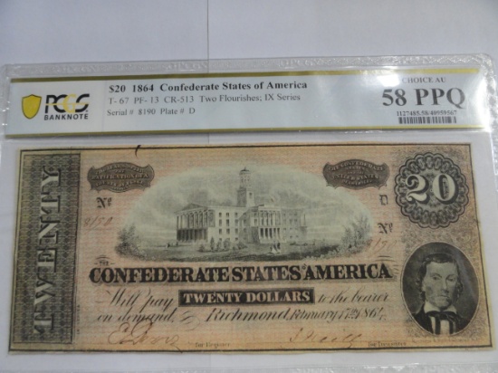 PCGS GRADED  $20 1864 CONFEDERATE STATES OF AMERICA, T