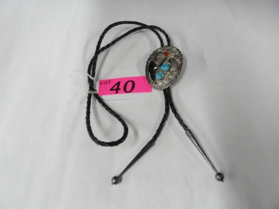 ROY BEGAY SIGNED STERLING BOLO TIE WITH TURQUOISE, BEAR CLAW AND CORAL