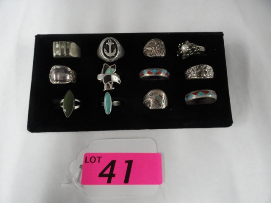 (12) STERLING MEN'S RINGS SOME WITH TURQUPISE AND CORAL