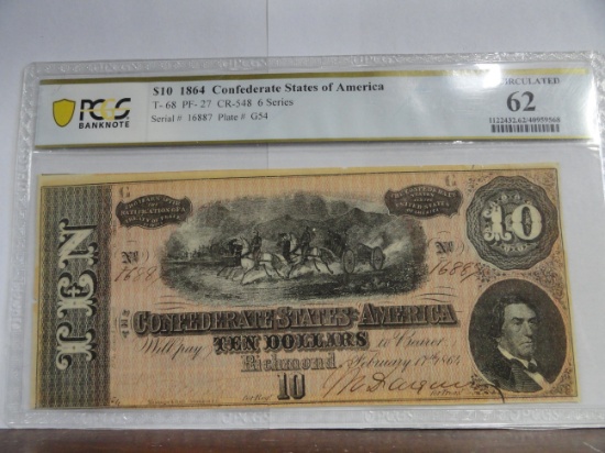PCGS GRADED UNCIRCULATED  $10 1864 CONFEDERATE STATES OF AMERICA