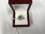 14KT WHITE GOLD, EMERALD AND DIAMOND RING: