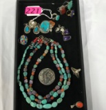 TRAY OF STERLING AND TURQUOISE JEWELRY   RINGS