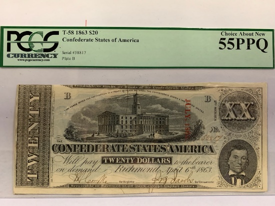 PCGS GRADED 55PPQ 1863 $20 CONFEDERATE STATES OF AMERICA