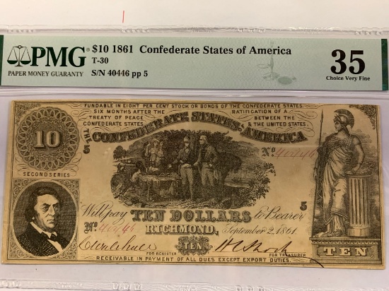 PMG GRADED 35 1861 $10 CONFEDERATE STATES OF AMERICA