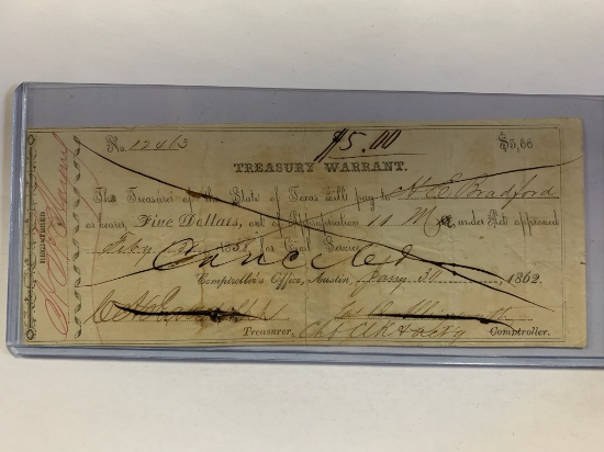 1862 CANCELLED $5 TEXAS TREASURY WARRANT