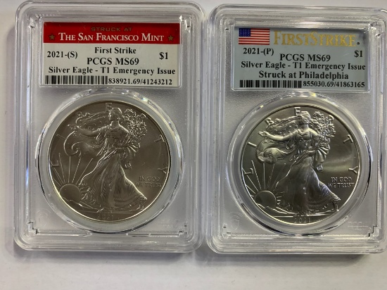 (2) PCGS GRADED MS69 2021 FIRST STRIKE EMERGENCY ISSUE SILVER EAGLES,