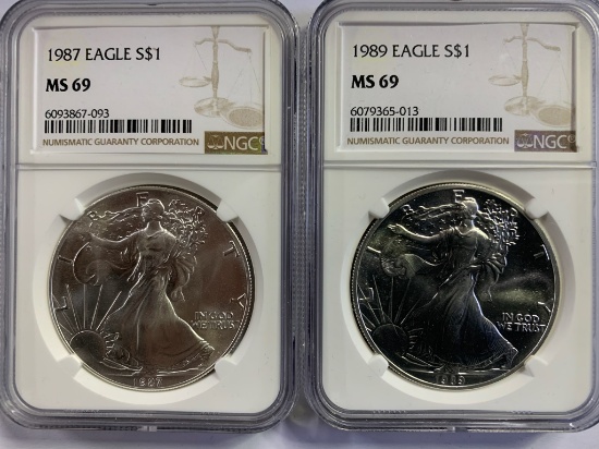 (2) NGC GRADED MS69 SILVER EAGLE COINS, 1987 & 1989