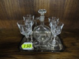 ETCHED BRANDY DECANTER, WINE GLASSES & TRAY