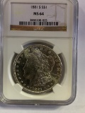 NGC GRADED MS64 1881-S MORGAN SILVER DOLLAR