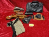 HANDGUN HOLSTERS: (5) LEATHER, ONE GUN CARRIER, AND ONE FABRIC