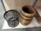 WOOD BARREL KEG AND METAL BASKET