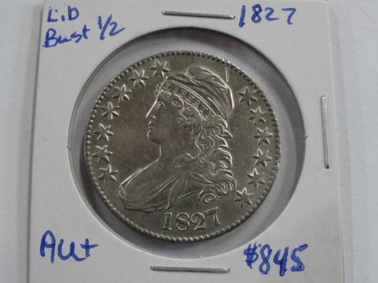 1827 CAPPED BUST 50¢ COIN, AU+