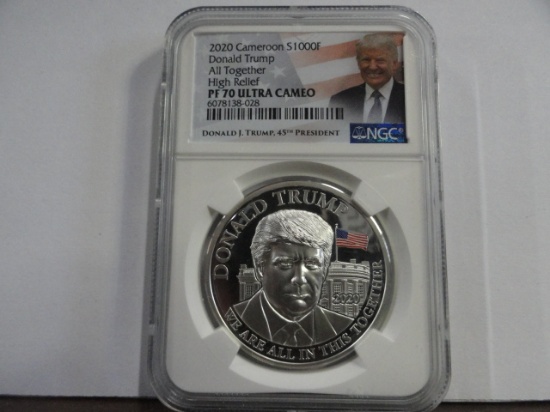 NGC GRADED PF70 ULTRA CAMEO HIGH RELIEF 2020  DONALD TRUMP   SILVER COIN