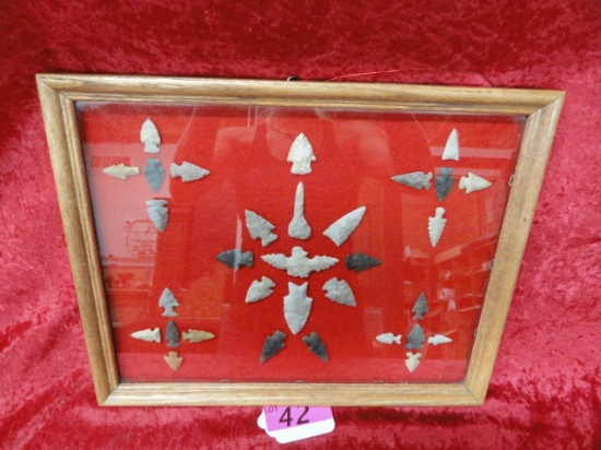 32 NATIVE AMERICAN ARROWHEADS, NICELY FRAMED