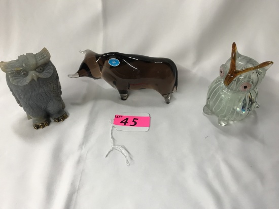 (3) FIGURINES:  AND FABERGE AGATE OWL 26/500 AND MURANO BULL AND OWL