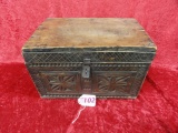 ANTIQUE WOOD BOX, INCISED DESIGN ON SIDES, 17