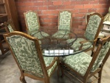 ROUND GLASS TOP IRON BASE TABLE (6) OAK CHAIRS