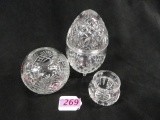 WATERFORD CRYSTAL EGG WITH LID, ROSE BOWL AND SMALL VASE