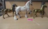 HORSE FIGURINES: (2) BRASS HORSES AND 1 PETER STONE HORSE