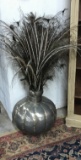 PUMPKIN FORM METAL FLOOR VASE WITH PEACOCK FEATHERS