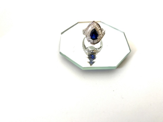 STERLING SILVER PEAR SAPPHIRE AND CZ BAGUETTE RING