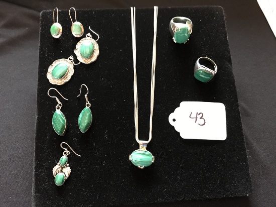 (6) PIECES OF STERLING AND MALACHITE JEWELRY