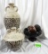 PAIR OF CERAMIC URNS & DECORATIVE WOODEN BOWL