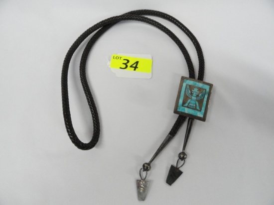 STERLING & TURQUOISE  KNIFEWING BOLO TIE, SIGNED   H M COONSIS