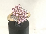 10KT GOLD, PINK TOPAZ AND DIAMOND BYPASS RING, SIZE  8