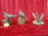 (3) J.J. FOX WOOD CARVED & HAND PAINTED BIRDS: 1 IS CARDINAL, 2 OTHERS