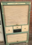 VINTAGE GREEN AND WHITE KITCHEN CABINET WITH TMBOUR DOORS