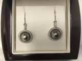 14KT GOLD, DIAMOND AND BLACK PEARL EARRINGS
