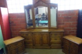 3 PIECE BEDROOM SET: DRESSER WITH MIRROR AND 2 NIGHT STANDS,