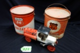 PHILLIPS 66 COLLECTIBLES: CAST IRON DELIVERY TRUCK, (2) LUBRICANT BUCKETS