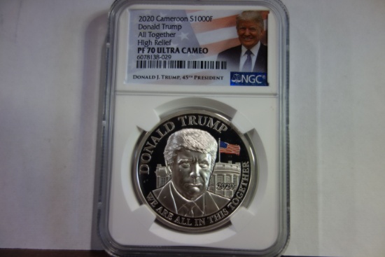 NGC GRADED PF70 ULTRA CAMEO 2020 CAMEROON 1000F SILVER DONALD TRUMP ALL TOGETHER HIGH RELIEF COIN