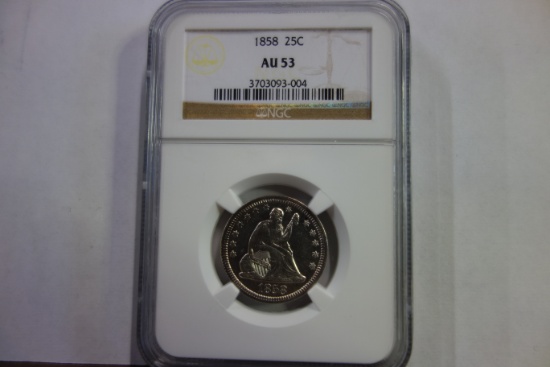 NGC GRADED AU53 1858 SEATED LIBERTY 25 CENTS