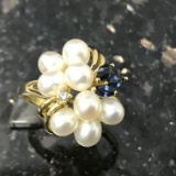 14 KT GOLD, PEARL AND SAPPHIRE RING, SIZE 9