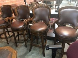 (4) SWIVEL BARSTOOLS, NAIL HEAD TRIM LEATHER SEAT & BACK, CARVED TURNED ARMS