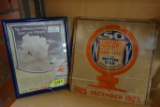 MOBIL GAS FRAMED AD & SOCONY GASOLINE 1923 CALENDAR TOP