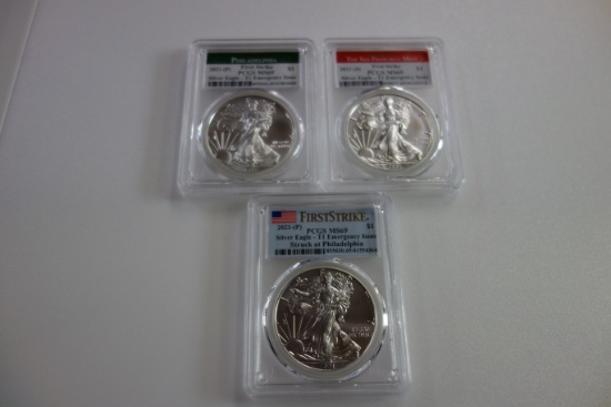 3 PCGS FIRST STRIKE MS69 2021 SILVER EAGLE T1 EMERGENCY ISSUE COINS