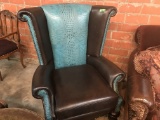 TURQUOISE AND BROWN WESTERN STYLE WINGBACK CHAIR