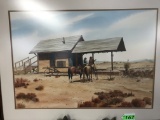 GEORGE KOVACH  ORIGINAL WATERCOLOR OF COWBOYS AT TRAIN STATION